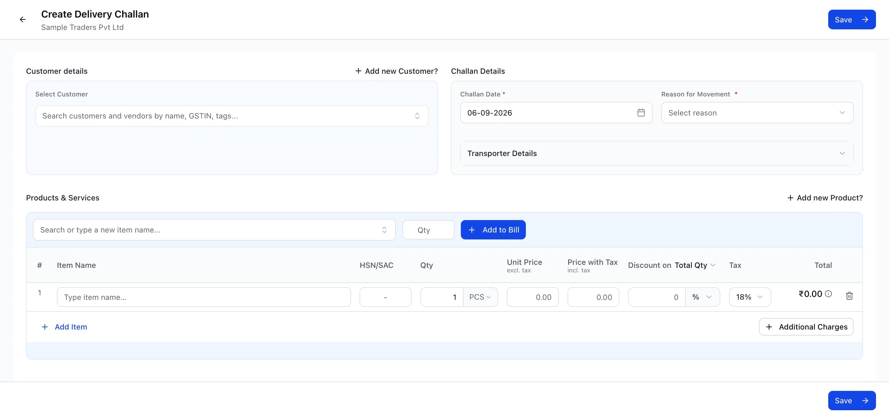 The delivery challan screen in myBillPlease, showing Reason for Movement and Transporter Details