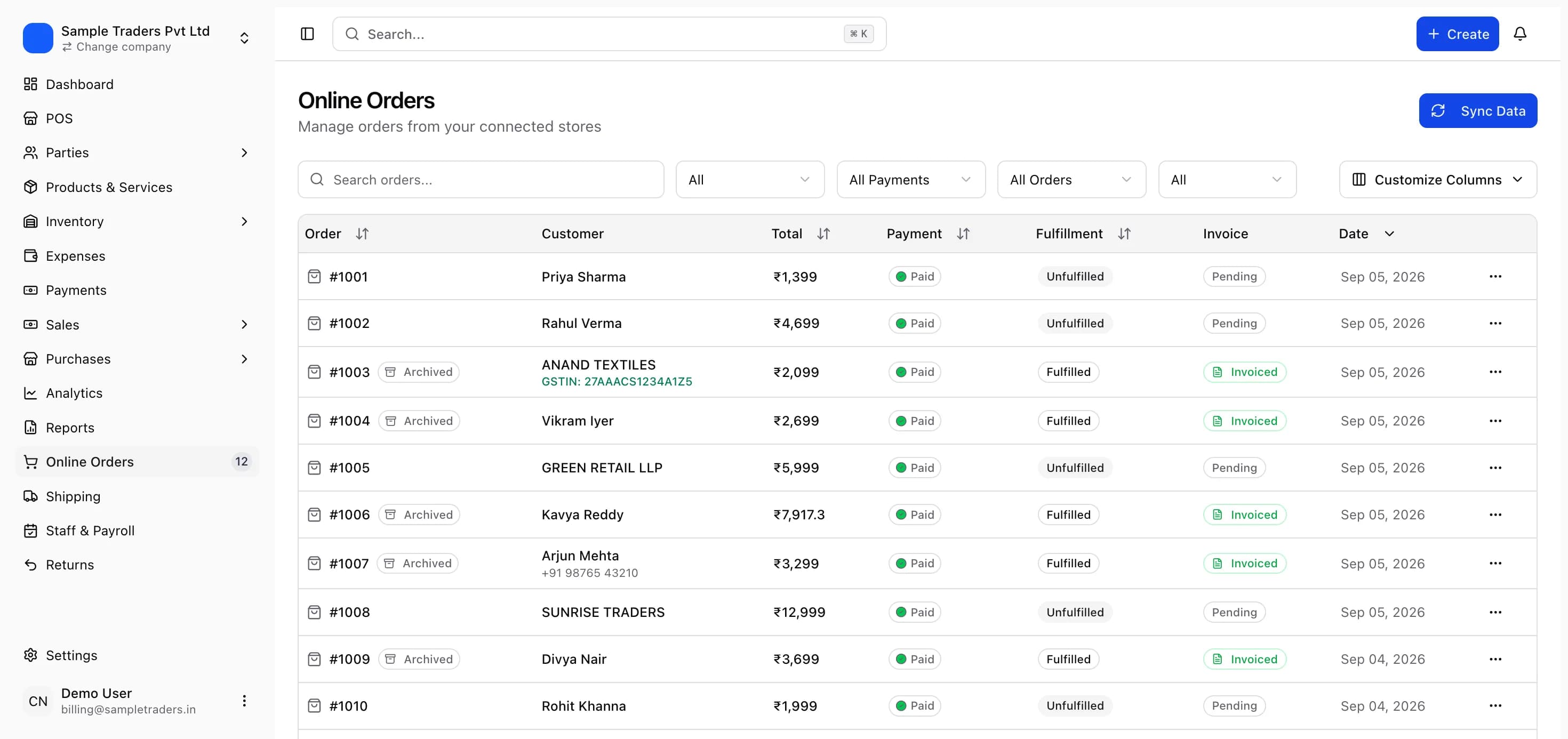 Shopify orders synced into myBillPlease with payment, fulfilment and invoice status per order
