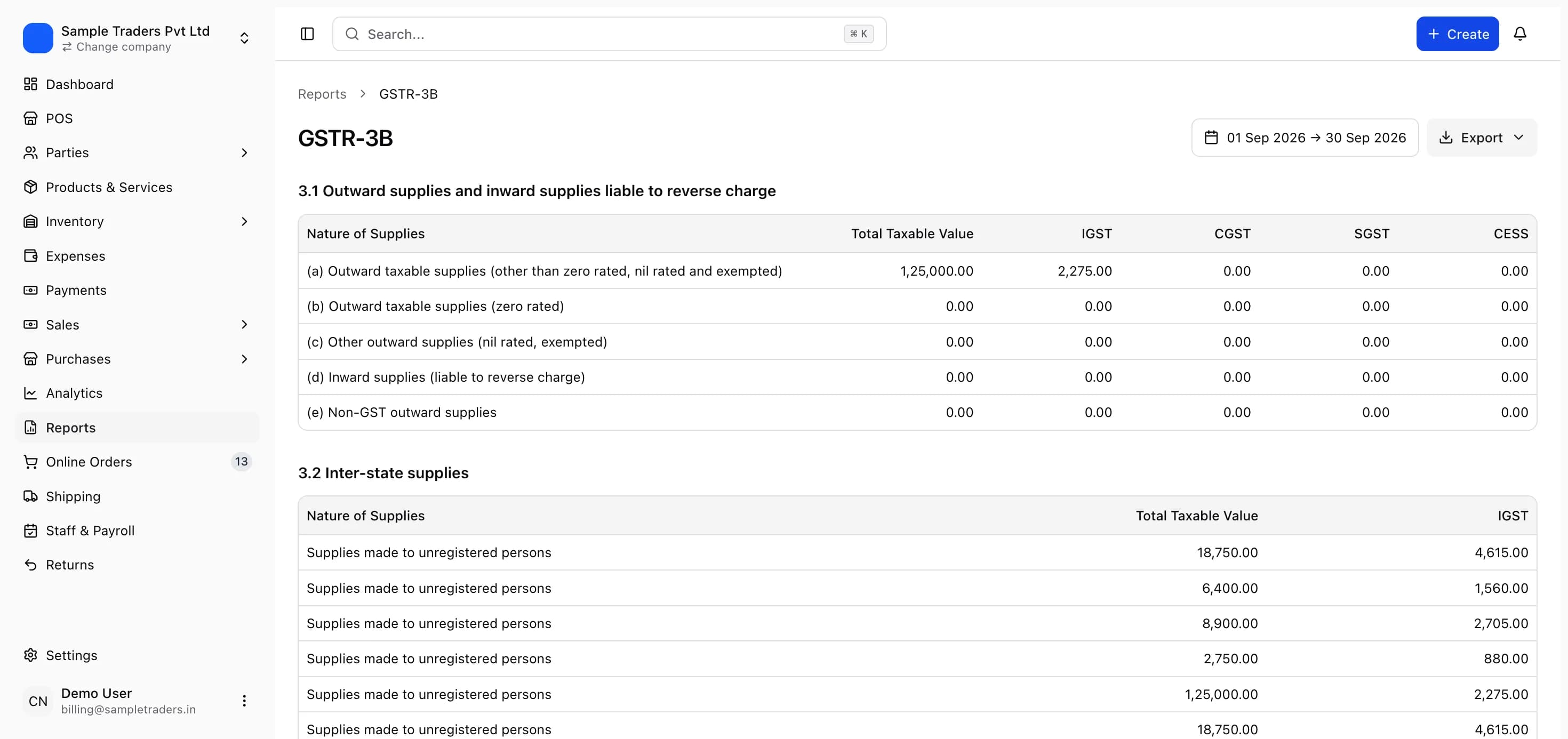 The GSTR-3B report in myBillPlease with Tables 3.1, 3.2, 4 and 5 filled from your invoices