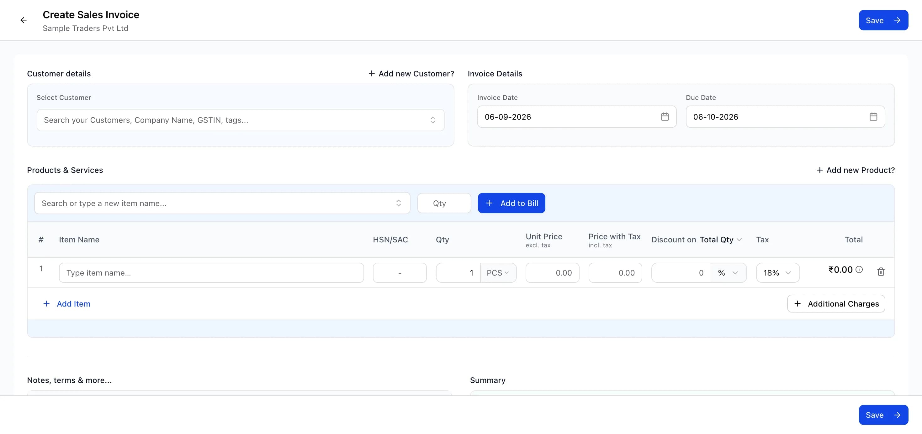 Creating a GST invoice in myBillPlease with HSN or SAC code, quantity, unit price, discount and tax rate per line