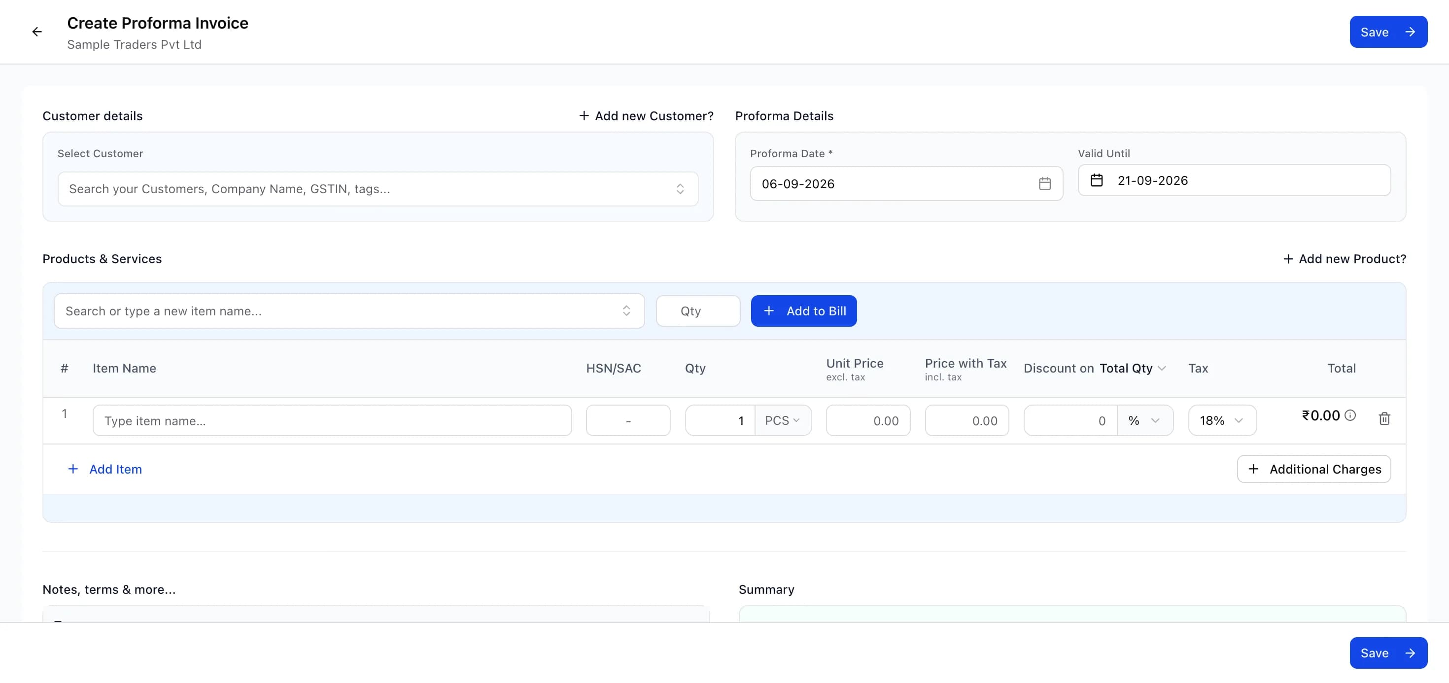 myBillPlease में proforma invoice बनाने की स्क्रीन, जिसमें Valid Until की तारीख़ दिखती है