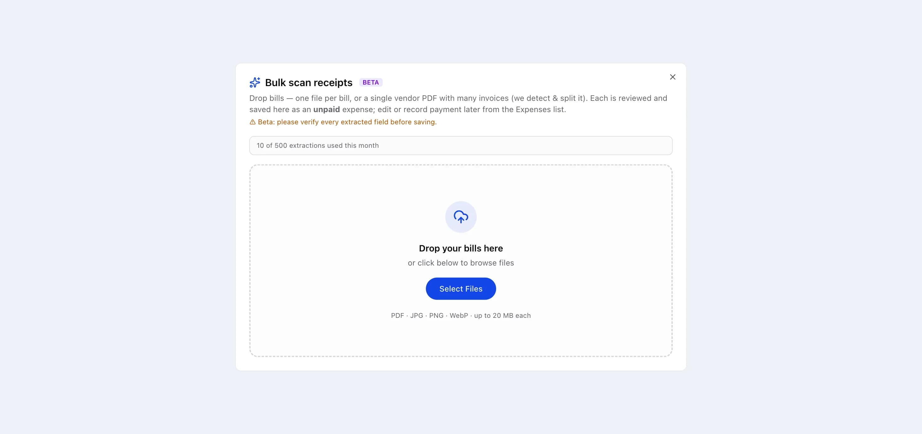 Bulk receipt scanning in myBillPlease, showing the drop zone for vendor bills and the monthly extraction quota